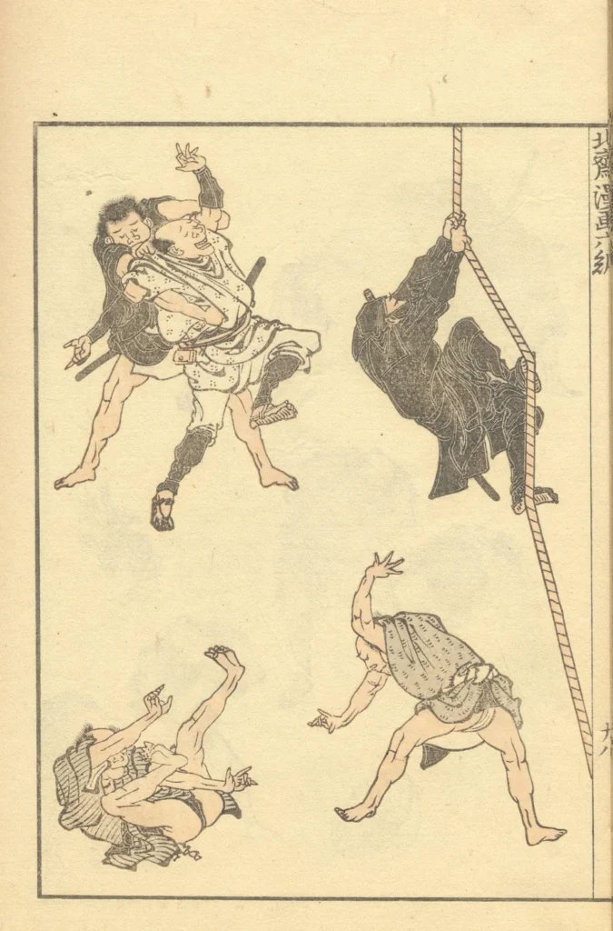 Page du Hokusai Manga : des personnages en costume sombre escaladent une corde et s’affrontent